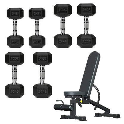 Hex Dumbbell Set with 3-Tier Tree Rack & Optional Bench – Rubber Coated Anti-Roll Weights for Home Gym
