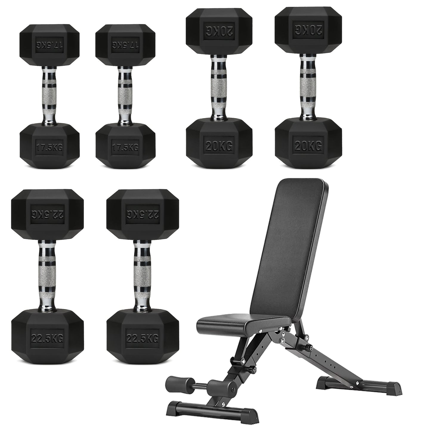 Hex Dumbbell Set with 3-Tier Tree Rack & Optional Bench – Rubber Coated Anti-Roll Weights for Home Gym