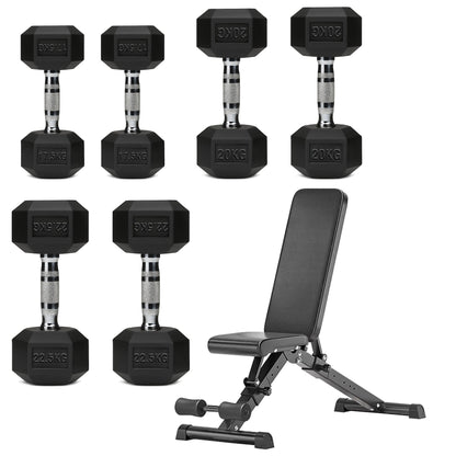 Hex Dumbbell Set with 3-Tier Tree Rack & Optional Bench – Rubber Coated Anti-Roll Weights for Home Gym