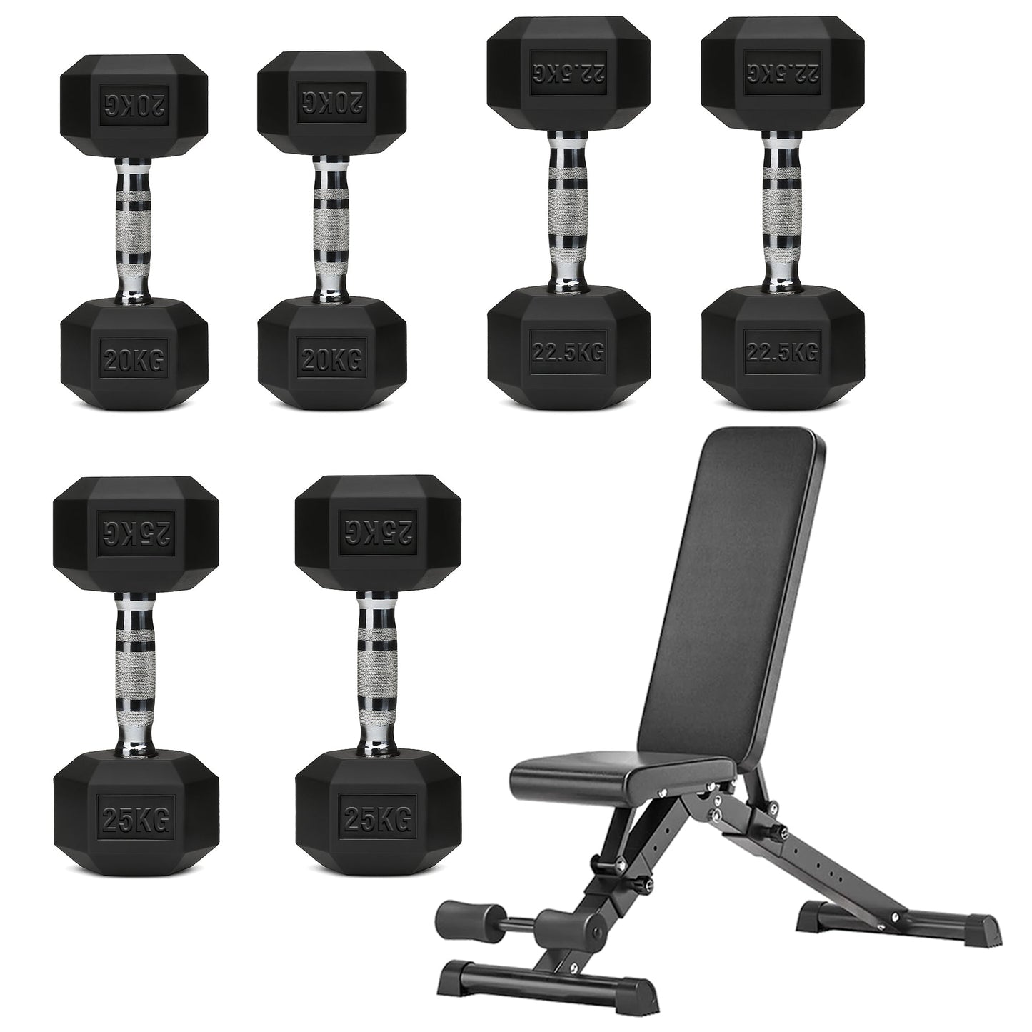 Hex Dumbbell Set with 3-Tier Tree Rack & Optional Bench – Rubber Coated Anti-Roll Weights for Home Gym
