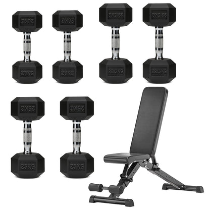 Hex Dumbbell Set with 3-Tier Tree Rack & Optional Bench – Rubber Coated Anti-Roll Weights for Home Gym