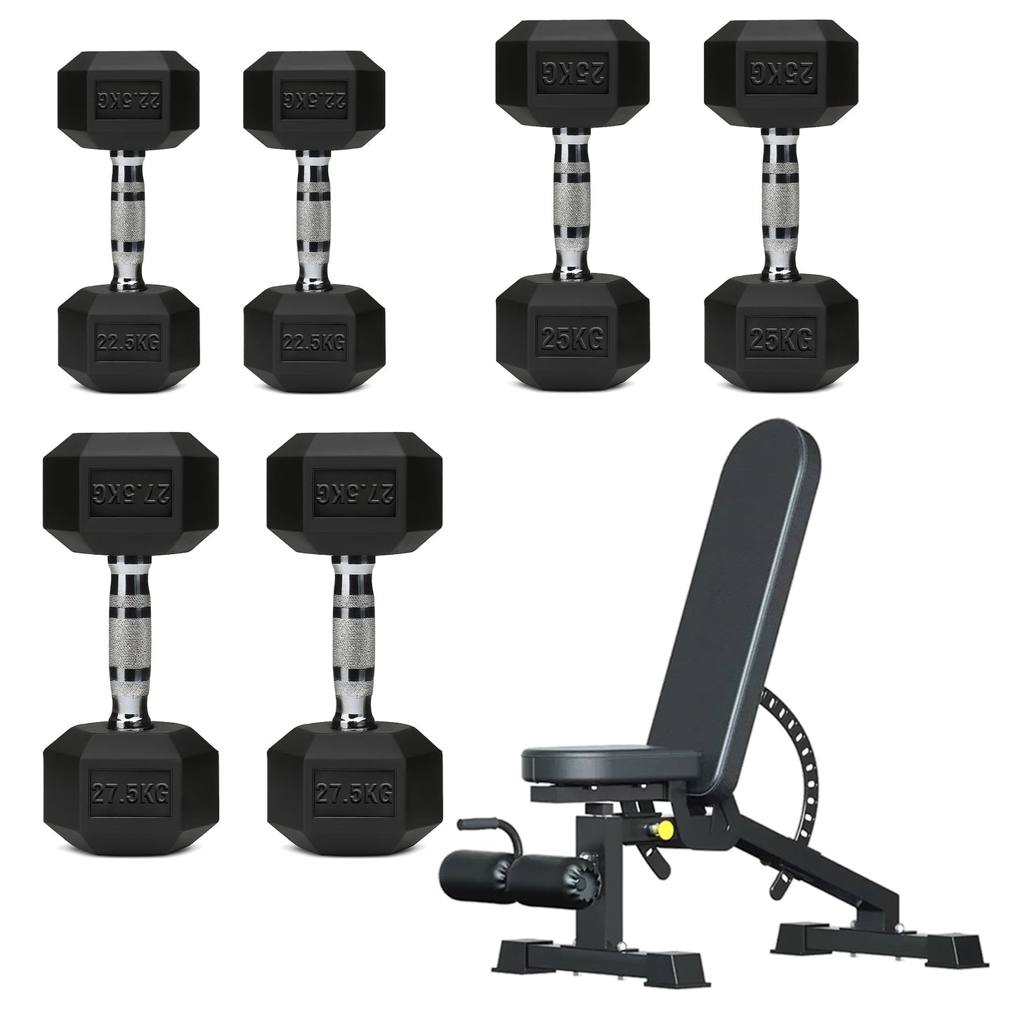 Hex Dumbbell Set with 3-Tier Tree Rack & Optional Bench – Rubber Coated Anti-Roll Weights for Home Gym