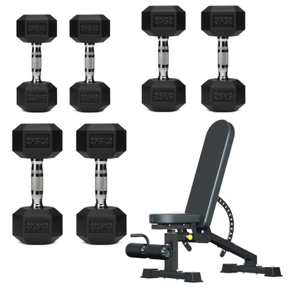 Hex Dumbbell Set with 3-Tier Tree Rack & Optional Bench – Rubber Coated Anti-Roll Weights for Home Gym