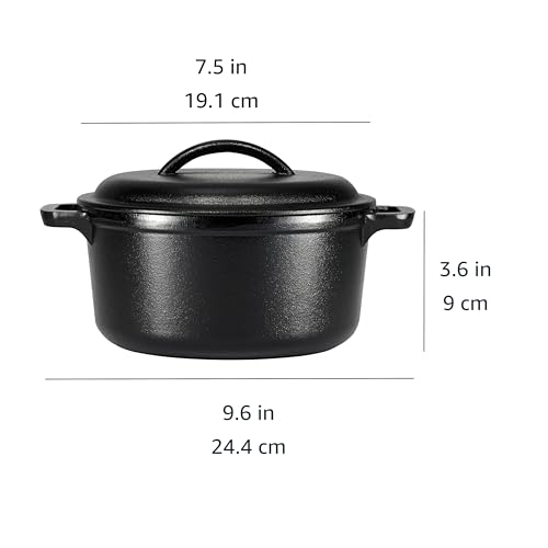 Amazon Basics Round Pre-Seasoned Cast Iron Mini Dutch Oven Pot with Lid and Dual Handles, 1.89 L, Black