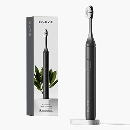 - SURI Sustainable Sonic Toothbrush | Slim and Powerful Electric Toothbrush | Recyclable Plant-Based Head | 2 Modes | Waterproof |  Charging Stand | Midnight Black -