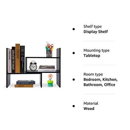 - Hossejoy Wood Adjustable Bookshelf Bookcase | Expandable Desktop Storage Organizer -
