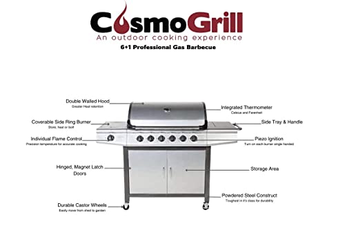 Cosmogrill barbecue 6+1 Pro Gas Grill BBQ (Silver with Cover)