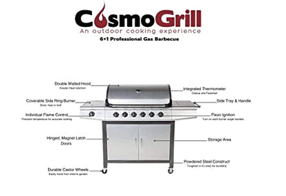 Cosmogrill barbecue 6+1 Pro Gas Grill BBQ (Silver with Cover)