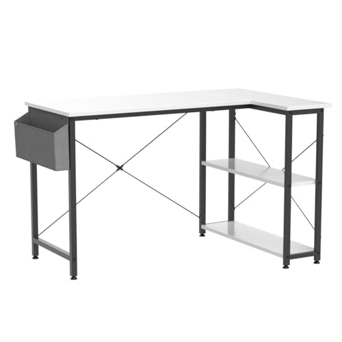 CubiCubi 100 cm Small L Shaped Computer Desk with Storage Shelves Home Office Corner Desk Study Writing Table, White