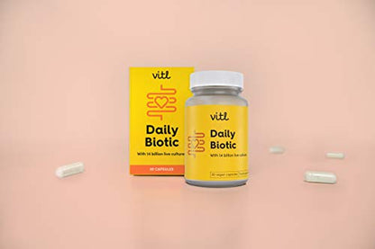 - Vitl Daily Biotic with 9 Probiotic Strains - 30 Vegan Capsules - Probiotic with a Complex Blend of Gut Friendly Bacteria -