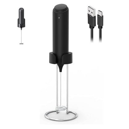 COKUNST Rechargeable Milk Frother Handheld, Electric Frother Mixer with Integrated USB-C Stand, Matcha Coffee Lattee Portable Drink Mixer Pasteable Hanging Stand for Kitchen