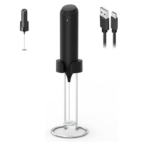 COKUNST Rechargeable Milk Frother Handheld, Electric Frother Mixer with Integrated USB-C Stand, Matcha Coffee Lattee Portable Drink Mixer Pasteable Hanging Stand for Kitchen