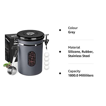 1800ML Airtight Coffee Canister with Date Tracker Transparent Window, 22.8OZ Coffe Beans Storage with 30 ML Measure Spoon&4 co2 Valve, Kitchen Food Storage Container for Grounds Coffee,Beans&Tea(Grey)