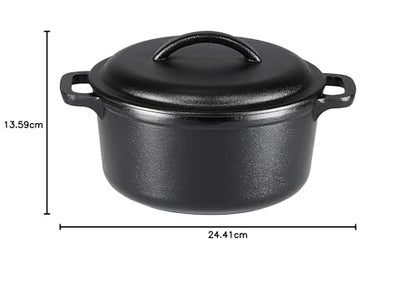 Amazon Basics Round Pre-Seasoned Cast Iron Mini Dutch Oven Pot with Lid and Dual Handles, 1.89 L, Black