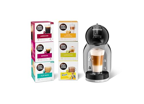 De'Longhi Nescafé Dolce Gusto Mini Me, Single Serve Capsule Coffee Machine Starter Kit, Including 6 boxes of Coffee Pods, EDG155.BG, 230 Milliliters, Black & Grey