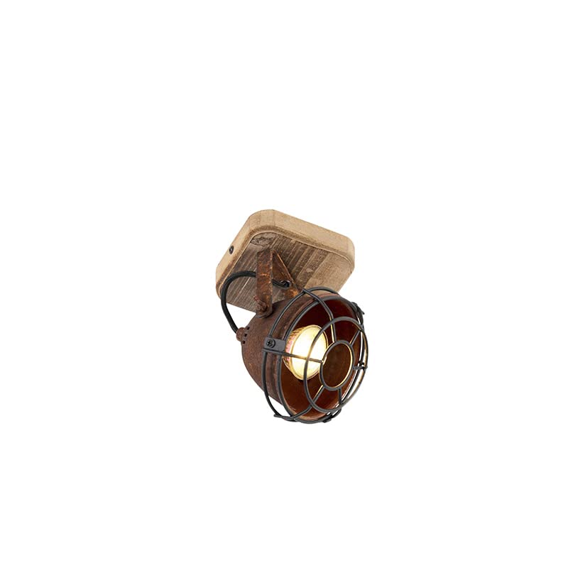 - Qazqa | Industrial Spotlight Ceiling | Rust Brown with Wood | Tiltable -