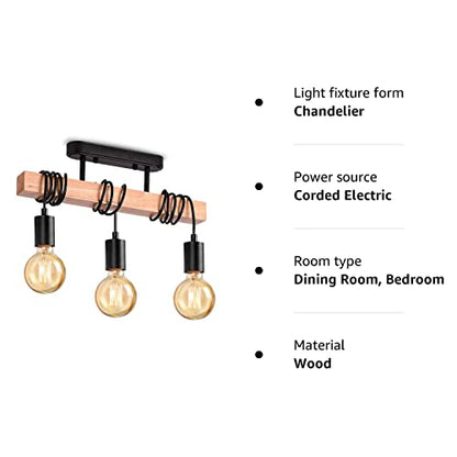 - Lightess Industrial Wood Pendant Light with 3 Heads | Adjustable Pendent Chandelier Light | Vintage Semi Flush Ceiling Light -