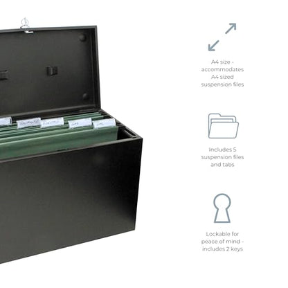 Cathedral Products A4 Steel File Box with Starter Pack of 5 Suspension Files - Black