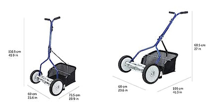 Amazon Basics Push Reel Lawn Mower, 46cm 5-blade with grass catcher, Blue