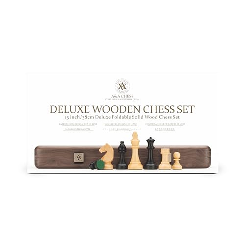 A&A 15 inch Wooden Folding Chess Set w/ 3 inch King Height Staunton Chess Pieces / 2 Extra Queens - Natural Walnut Wood
