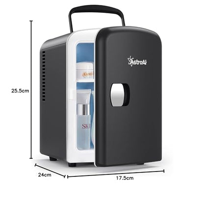 AstroAI Mini Fridge 4 Litre, 6 Can Portable AC+DC Power Cooler, for Bedrooms, Cars, Offices; Skincare, Makeup, Cosmetics, Food (Black)