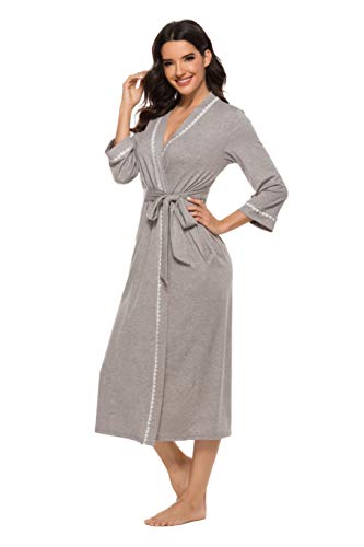 - Vlazom Womens Dressing Gown Soft Kimono Robe V-Neck Long Knit Bathrobe Nightwear Sleepwear for All Seasons -