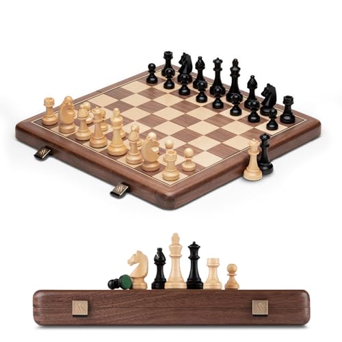 A&A 15 inch Wooden Folding Chess Set w/ 3 inch King Height Staunton Chess Pieces / 2 Extra Queens - Natural Walnut Wood