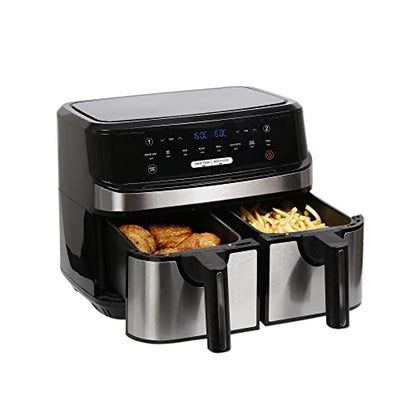 - EMtronics Dual Air Fryer | Extra Large Family Size | Double XL 9 Litre | 8 Adjustable Pre-Set Menus -