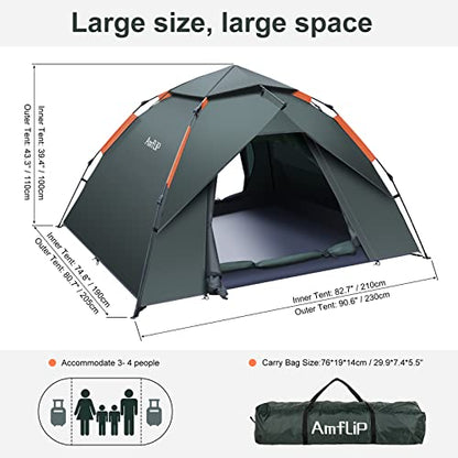 Amflip Camping Tent Automatic 3 Man Person Instant Tent Pop Up Ultralight Dome Tent 4 Seasons Waterproof & Windproof Camping Tent with Removable Outer Tarpaulin, Double Layers (army green)