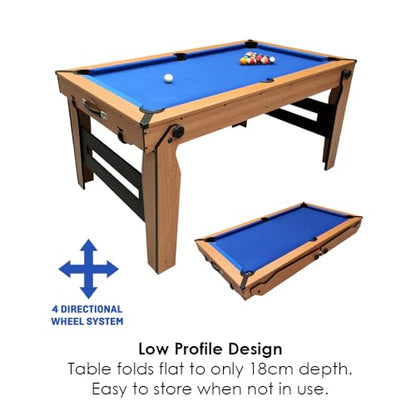 BCE Razor 5ft Rolling Lay Flat Folding Pool Table - Low Profile Design - Fully Assembled - 4 Way Wheel System - With Reversible Table Tennis Top & Accessories - Easy Storage