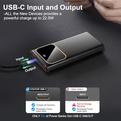 Coucur Power Bank Fast Charging 10000mAh, 22.5W Portable Charger USB C Input & Output Powerbank with LED Display, PD3.0 QC4.0 Phone Battery Pack for iPhone, Samsung, Huawei, iPad and More