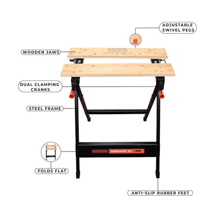 BLACK+DECKER Workmate, Work Bench Tool Stand Saw Horse Dual Clamping Crank, Heavy Duty Steel Frame, WM301