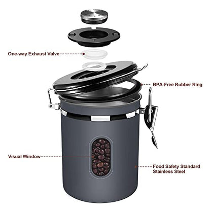 1800ML Airtight Coffee Canister with Date Tracker Transparent Window, 22.8OZ Coffe Beans Storage with 30 ML Measure Spoon&4 co2 Valve, Kitchen Food Storage Container for Grounds Coffee,Beans&Tea(Grey)