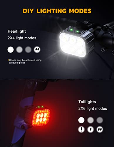 CIRYCASE Bike Lights Set Super Bright, USB Rechargeable Bike Light with Spot & Flood Beam, IP65 Waterproof Cycle Lights for Night Riding, DIY 2 x 4 + 2 x 6 Lighting Modes Bike Lights Front and Back
