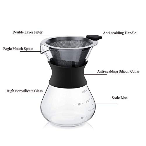 - YunNasi Pour Over Coffee Maker Glass Hand Drip Coffee Brewer Set Coffee Filter Jug with Permanent Filter (400ml)