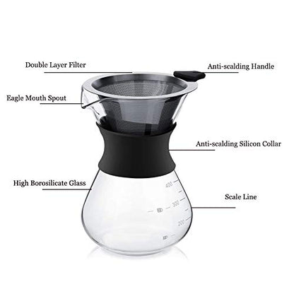 - YunNasi Pour Over Coffee Maker Glass Hand Drip Coffee Brewer Set Coffee Filter Jug with Permanent Filter (400ml)