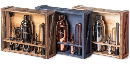 - Mixology & Craft Cocktail Shaker Set | 11-Piece Cocktail Making Set w/Shaker & Rustic Wooden Stand -