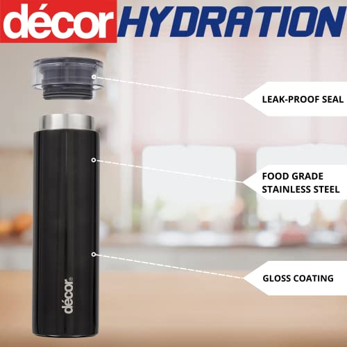 Décor Insulated Double Walled Thermal Flask, Stainless Steel BPA-Free Coffee Flask, Glossy Black Water Bottle, Leak-Proof Travel Beverage Flask Keeps Drinks Warm for 6 hrs and Cold for 12 hrs, 300ml