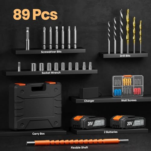 Acmaker Cordless Drill 20V, Battery Drill with 2 Batteries 2.0Ah, 42Nm Power Electric Drills Cordless, 25+1 Torque, 89 PCS Cordless Drill and Screwdriver Set, 2 Speed LED Light Combi Drill for DIY