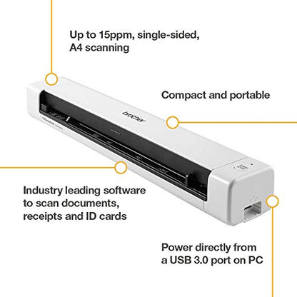 BROTHER DS-640 Document Scanner, USB 3.0, DSMobile, Portable, 15PPM, A4 Scanner, Includes Micro USB Cable, White
