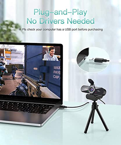 ARVIEMI Webcam, 1080P Pro HD Webcam with Stereo Microphone, 110° Wide Angle, Privacy Cover, Tripod, for Conferencing, Live Streaming, Recording, Compatible with Skype/Zoom/YouTube
