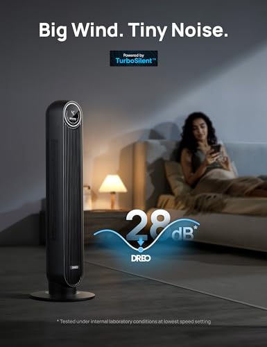 - Dreo 28dB Silent Tower Fan | 7.3m/s Velocity Electric Cooling Fan | Remote Control 90° Oscillating | 4 Speeds | 4 Modes -