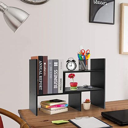 - Hossejoy Wood Adjustable Bookshelf Bookcase | Expandable Desktop Storage Organizer -