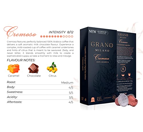 - Grano Milano Cremoso | 50 Aluminium Coffee Pods | Compatible with Nespresso Original line, 100% Arabica Medium Roast | Intensity 8/12 | Coffee Capsules Made in Italy | Espresso Coffee -