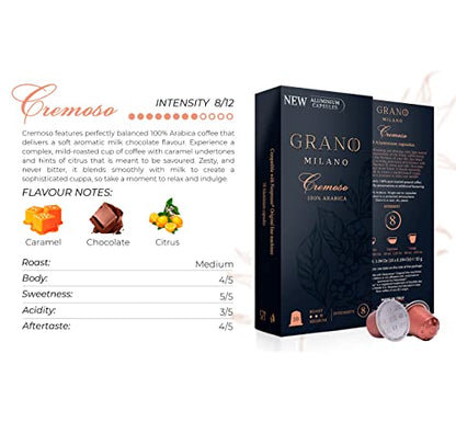 - Grano Milano Cremoso | 50 Aluminium Coffee Pods | Compatible with Nespresso Original line, 100% Arabica Medium Roast | Intensity 8/12 | Coffee Capsules Made in Italy | Espresso Coffee -