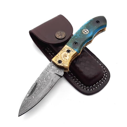 Dessi Handmade damascus steel blade folding knife. Blade length under 3 inches. Legal to carry.1644