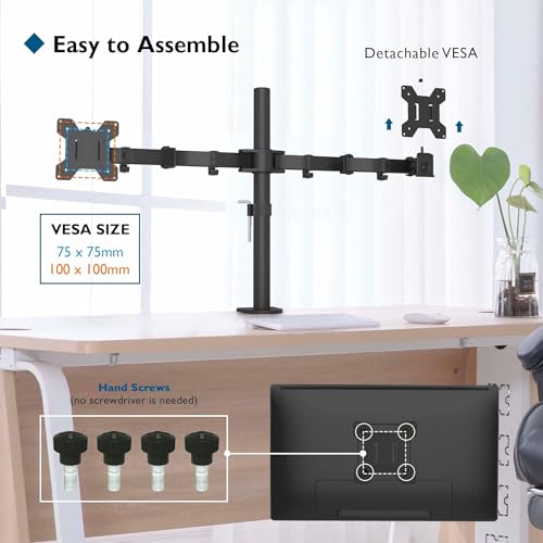 BONTEC Dual Monitor Stand, Adjustable Monitor Arm Desk Mount for 13-27 Inch Screens, Ergonomic Dual Monitor Stands, Height Adjustable Dual Monitor Arm Bracket with 360° Rotation, and Full Motion Tilt