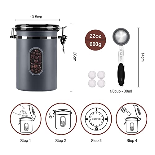 1800ML Airtight Coffee Canister with Date Tracker Transparent Window, 22.8OZ Coffe Beans Storage with 30 ML Measure Spoon&4 co2 Valve, Kitchen Food Storage Container for Grounds Coffee,Beans&Tea(Grey)