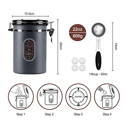 1800ML Airtight Coffee Canister with Date Tracker Transparent Window, 22.8OZ Coffe Beans Storage with 30 ML Measure Spoon&4 co2 Valve, Kitchen Food Storage Container for Grounds Coffee,Beans&Tea(Grey)