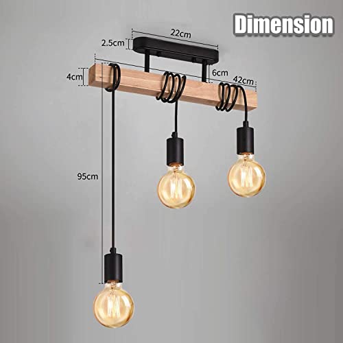 - Lightess Industrial Wood Pendant Light with 3 Heads | Adjustable Pendent Chandelier Light | Vintage Semi Flush Ceiling Light -